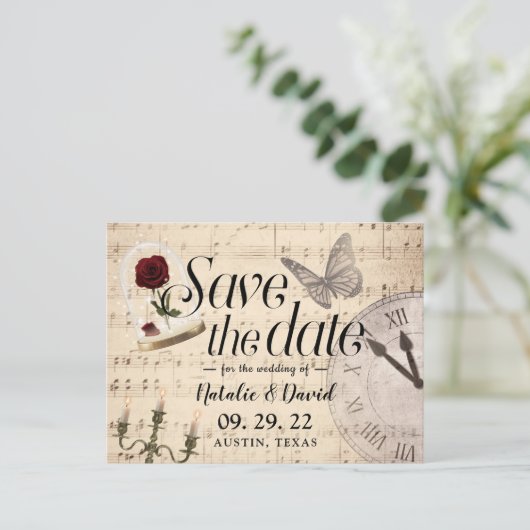 Rustikale Musiknoten für Hochzeiten Save the Date Ankündigungspostkarte (Stehend Vorderseite)