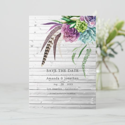 Rustikale mystische Boho Sukkulente Pflanze Hochze Save The Date (Stehend Vorderseite)