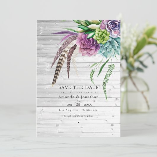 Rustikale mystische Boho Sukkulente Pflanze Hochze Save The Date (Stehend Vorderseite)
