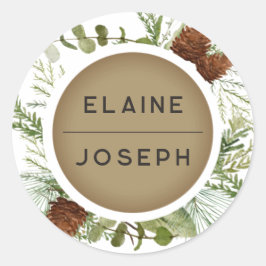 Rustikale Nadelkiefer-Hochzeit Runder Aufkleber