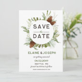 Rustikale Nadelkiefer-Hochzeit Sichern Sie das Dat Ankündigung (Stehend Vorderseite)
