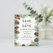 Rustikale Nadelkiefer-Hochzeit Sichern Sie das Dat Ankündigungspostkarte (Stehend Vorderseite)
