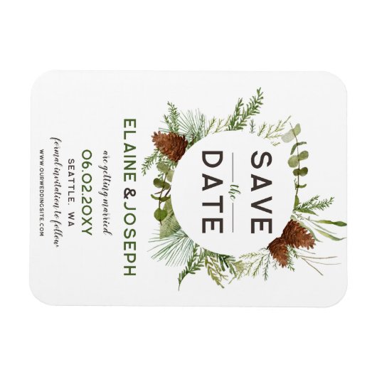 Rustikale Nadelkiefer-Hochzeit Sichern Sie das Dat Magnet (Horizontal)