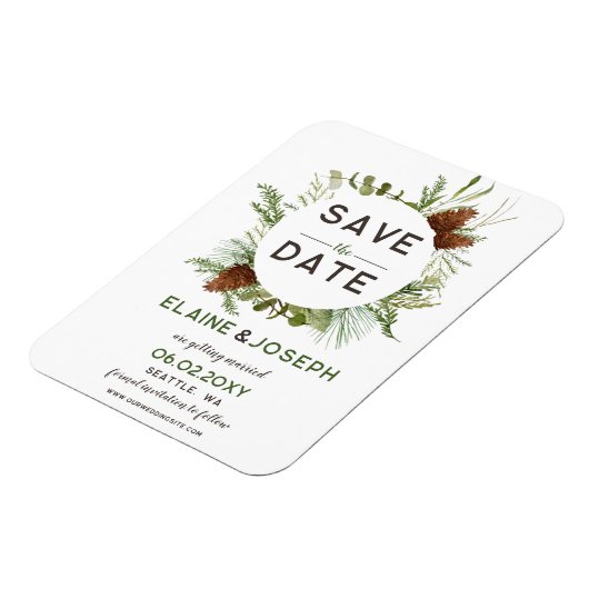 Rustikale Nadelkiefer-Hochzeit Sichern Sie das Dat Magnet (Linke Seite)