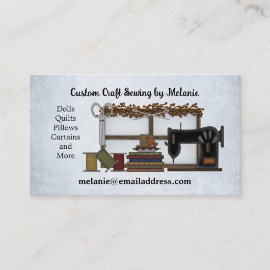 Rustikale Nähkunst auf hellblau Visitenkarte (Vorderseite)