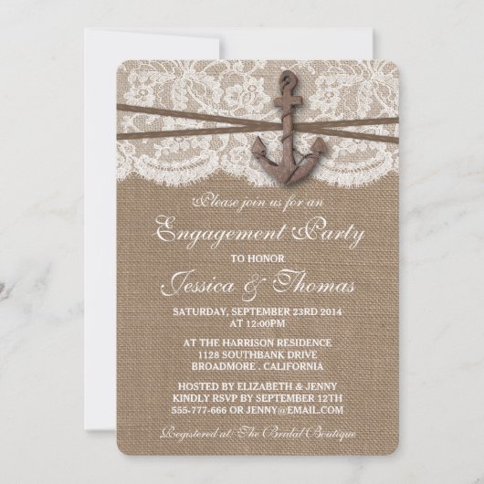 Rustikale Nautic Anchor Beach Engagement Party Einladung (Vorderseite)