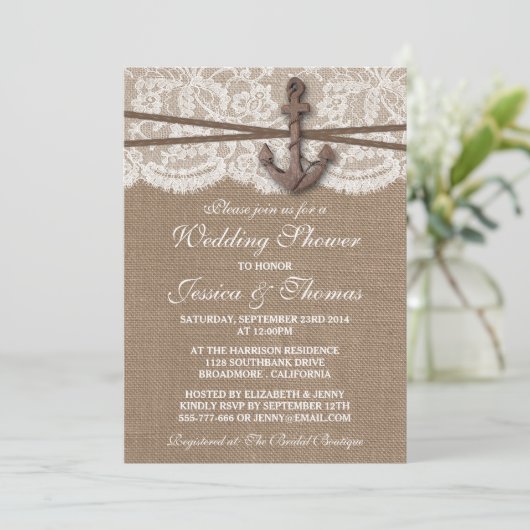 Rustikale Nautical Anchor Beach Hochzeitsdusche Einladung (Stehend Vorderseite)