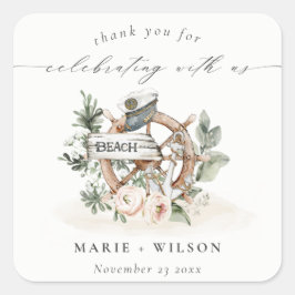 Rustikale Nautical Anchor Wheel Leafy Floral Weddi Quadratischer Aufkleber