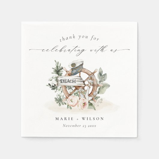 Rustikale Nautical Anchor Wheel Leafy Floral Weddi Serviette (Vorderseite)