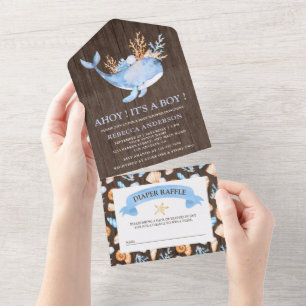 Rustikale nautische blaue Wal Holz-Baby-Party All In One Einladung