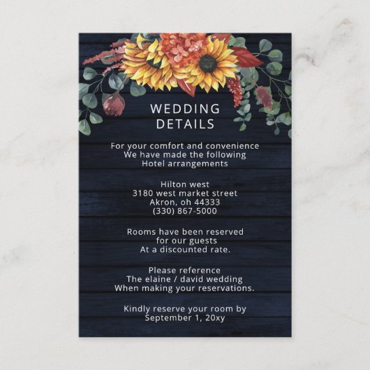 Rustikale Navy Barn Wood Country Sonnenblumen Hoch Begleitkarte (Vorderseite)