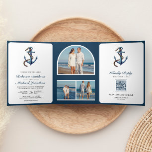 Rustikale Navy-Blau-Anker-Seil-Foto-QR-Code-Hochze Dreifach Gefaltete Einladung