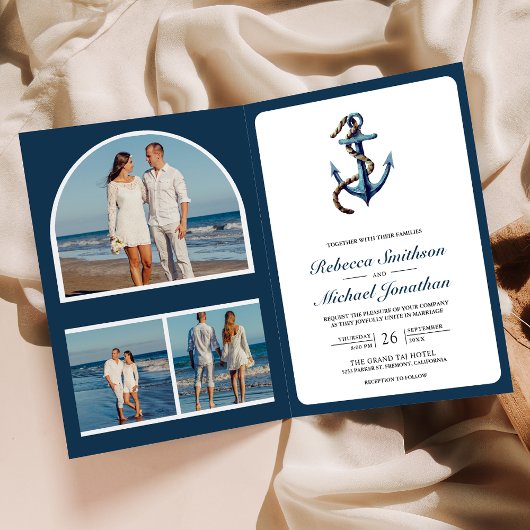 Rustikale Navy-Blau-Anker-Seil-Foto-QR-Code-Hochze Einladung