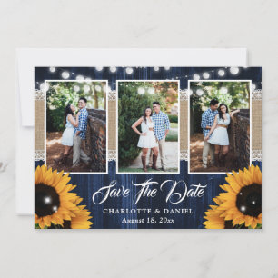 Rustikale Navy-Blau-Holz-Sonnenblumen-Hochzeitsfot Save The Date