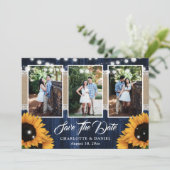 Rustikale Navy-Blau-Holz-Sonnenblumen-Hochzeitsfot Save The Date (Stehend Vorderseite)