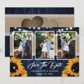 Rustikale Navy-Blau-Holz-Sonnenblumen-Hochzeitsfot Save The Date (Vorne/Hinten)