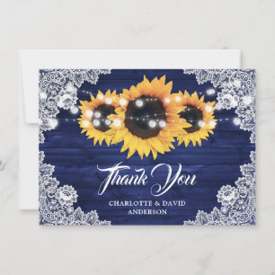 Rustikale Navy-Blau-Holzspitze-Sonnenblumen-Hochze Dankeskarte