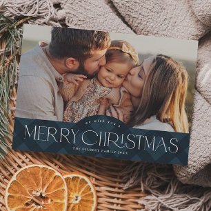 Rustikale Navy-Blau Karierte Foto Frohe Weihnachte Feiertagspostkarte