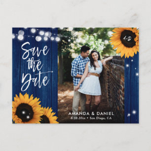 Rustikale Navy-Blau-Sonnenblume-Save-The-Date-Post Ankündigungspostkarte