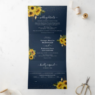Rustikale Navy-Blau-Sonnenblumen-Hochzeit Dreifach Gefaltete Einladung