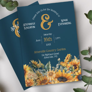 Rustikale Navy-Blau-Sonnenblumen-Hochzeit Einladung