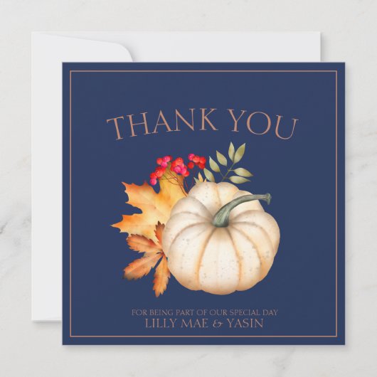 Rustikale Navy Blauer Herbst Pumpkins Hochzeit Dankeskarte (Vorderseite)