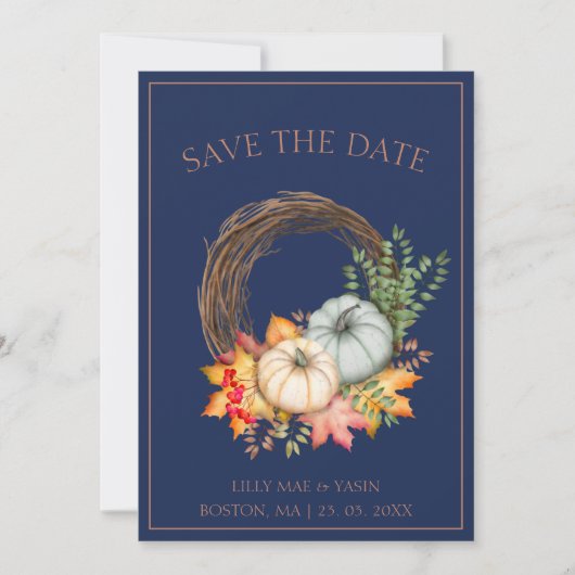 Rustikale Navy Blauer Herbst Pumpkins Hochzeit Save The Date (Vorderseite)