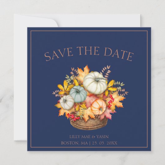 Rustikale Navy Blauer Herbst Pumpkins Hochzeit Save The Date (Vorderseite)