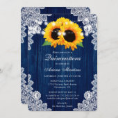Rustikale Navy Blauer Sonnenblumen Holz Spitzen Qu Einladung (Vorne/Hinten)