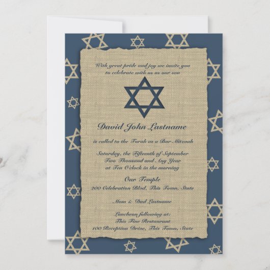 Rustikale Navy Blue Bar Mitzvah Einladung (Vorderseite)