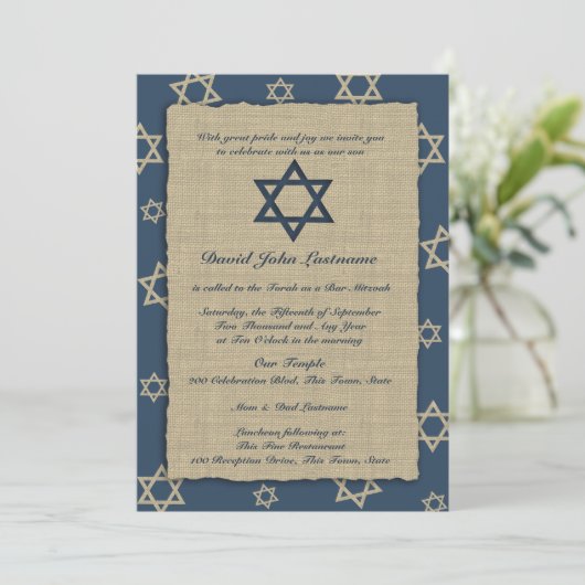 Rustikale Navy Blue Bar Mitzvah Einladung (Stehend Vorderseite)