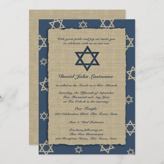 Rustikale Navy Blue Bar Mitzvah Einladung (Vorne/Hinten)