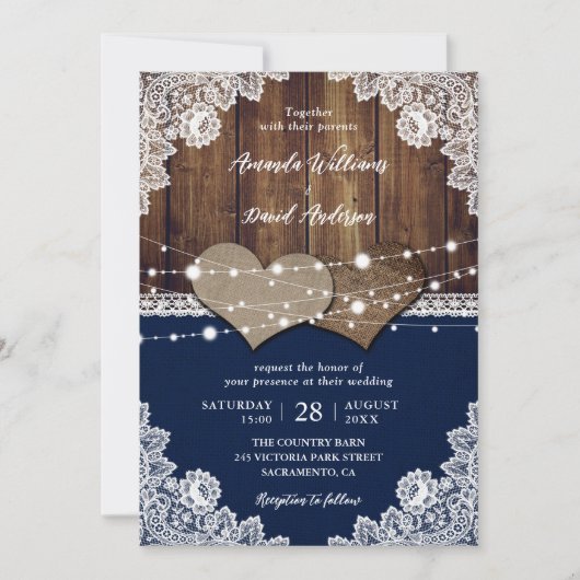 Rustikale Navy Blue Barn Wood Burlap Lace Wedding Einladung (Vorderseite)