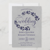 Rustikale Navy Blue Blätter Elegante Gray Wedding Einladung (Vorderseite)