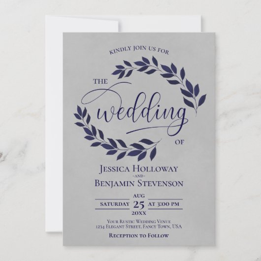 Rustikale Navy Blue Blätter Elegante Gray Wedding Einladung (Vorderseite)