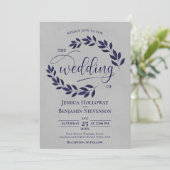 Rustikale Navy Blue Blätter Elegante Gray Wedding Einladung (Stehend Vorderseite)