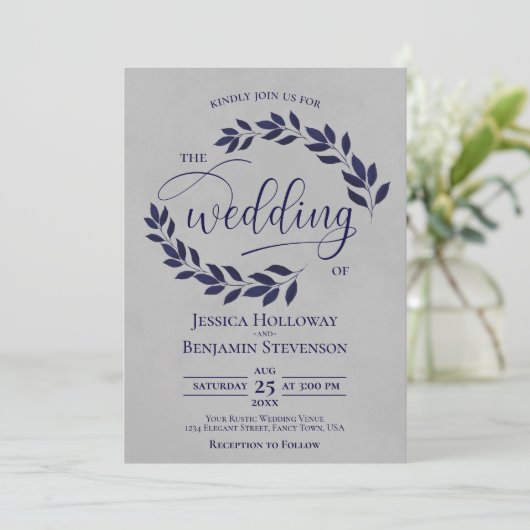 Rustikale Navy Blue Blätter Elegante Gray Wedding Einladung (Stehend Vorderseite)