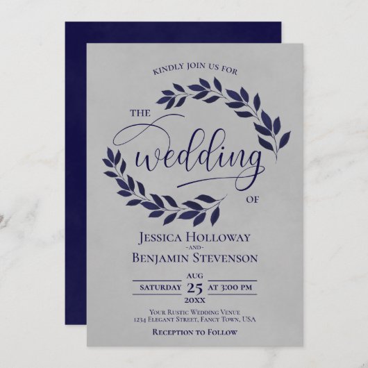 Rustikale Navy Blue Blätter Elegante Gray Wedding Einladung (Vorne/Hinten)