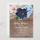 Rustikale Navy Blue & Blush Floral Baby Dusche Einladung (Vorderseite)