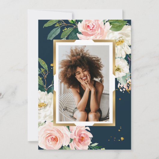 Rustikale Navy Blue & Blush Pink Floral Gold Rahme Einladung (Vorderseite)