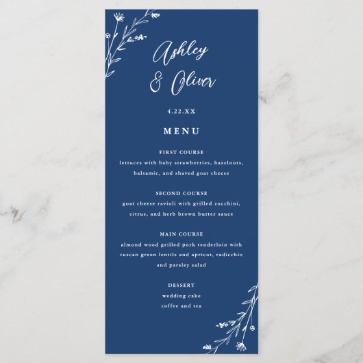 Rustikale Navy Blue Botanical Wedding Menu Card Programm (Vorderseite)