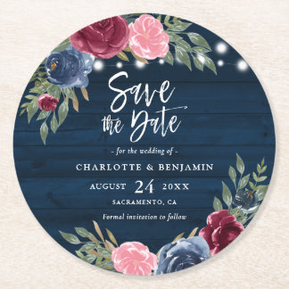 Rustikale Navy Blue Burgundy Floral Save the Date Runder Pappuntersetzer