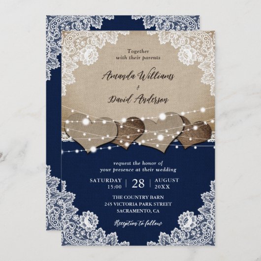 Rustikale Navy Blue Burlap Lace Hochzeit Einladung (Vorne/Hinten)