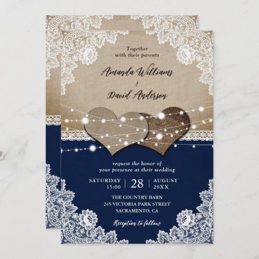 Rustikale Navy Blue Burlap Lace Hochzeit Einladung (Vorne/Hinten)