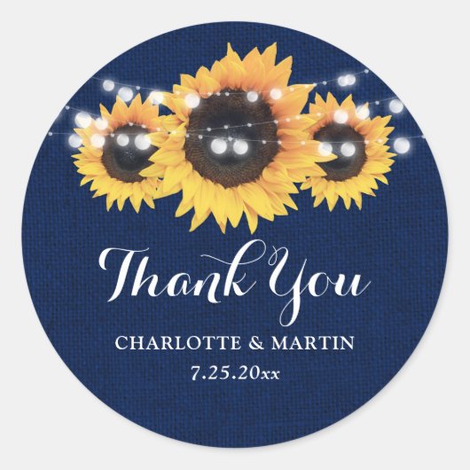 Rustikale Navy Blue Burlap Sonnenblume Gastgeschen Runder Aufkleber (Vorderseite)