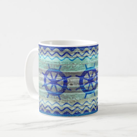 Rustikale Navy Blue Coastal Decor Ship Wheels Kaffeetasse (Vorderseite Links)