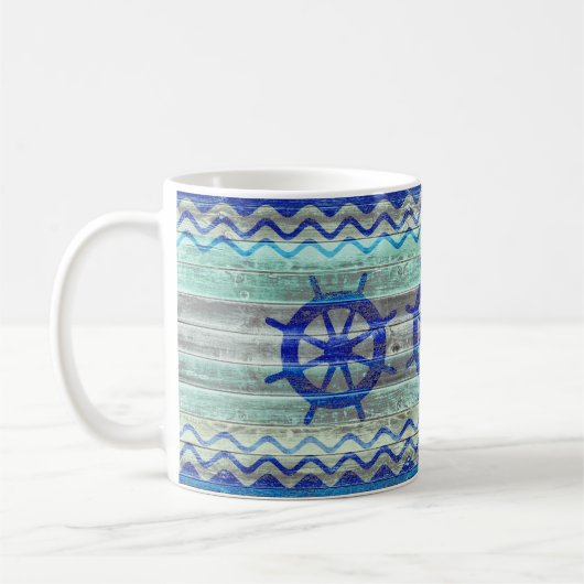 Rustikale Navy Blue Coastal Decor Ship Wheels Kaffeetasse (Links)