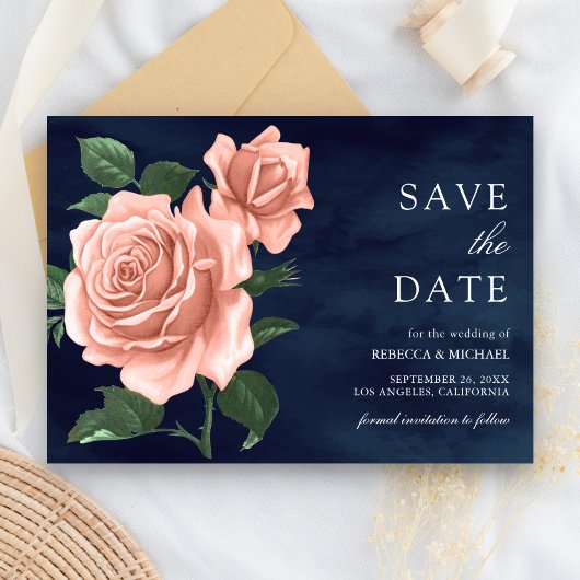 Rustikale Navy Blue Dusty Peach Rose Hochzeit Save The Date
