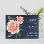 Rustikale Navy Blue Dusty Peach Rose Hochzeit Save The Date (Stehend Vorderseite)