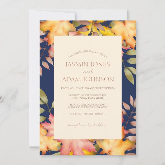 Rustikale Navy Blue Fall Herbst Leaves Hochzeit Einladung (Vorderseite)